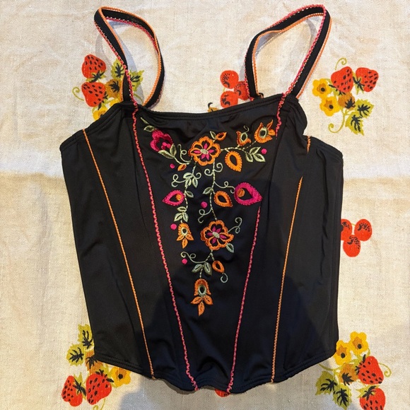 Tops - Vintage Embroidered Black Floral Corset Top